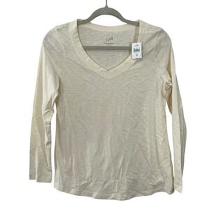 NWT J. Jill Ivory Voile Trim Slub Tee V Neck Long Sleeve Cotton Women XS‎ Shirt